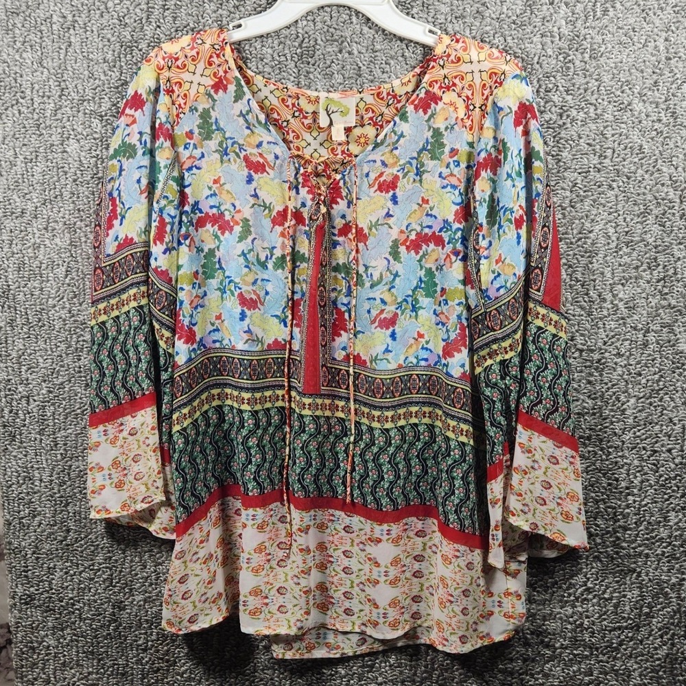 Fig and Flower Boho Colorful Sheer Top Peasent Women Large Anthropologie